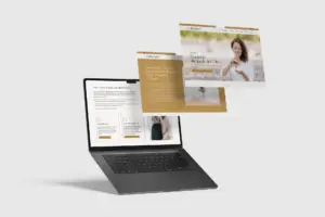 Ein Laptop mit einer geöffneten Wellness-Website zum Thema ätherische Öle, ergänzt durch zwei schwebende Website-Ansichten mit Bildern von Aromatherapie und einer Frau mit ätherischen Ölen.
