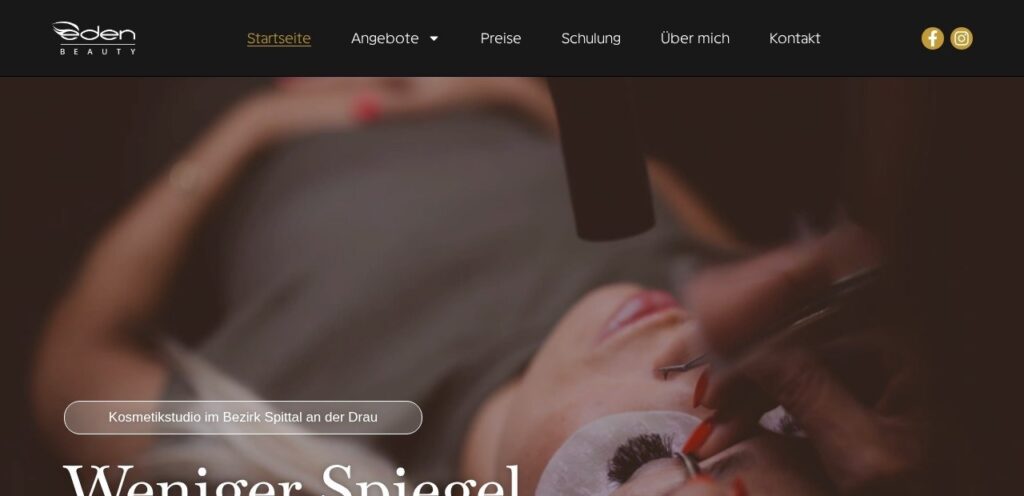Startseite der Website von Eden Lashes & Beauty